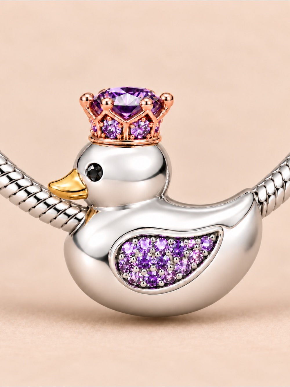 Sterling Silver Duck Charm with Purple Crystal Crown
